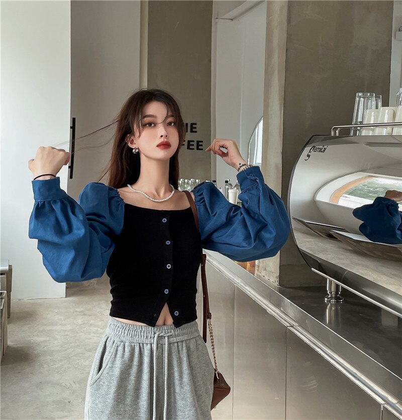 Patchwork Denim Shirts Women French Square Collar Puff Blouses Long Sleeve Crop Tops