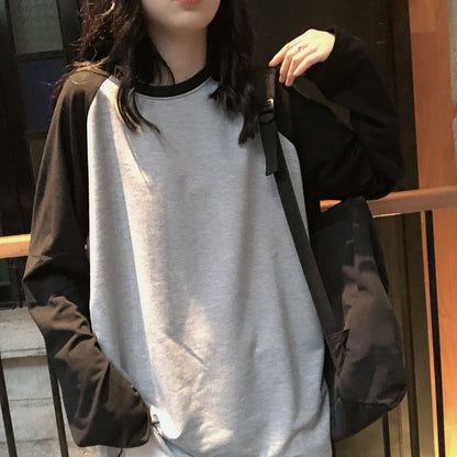 Female T-shirt Round collar Contrast Color Long Sleeve T Shirt Women spring T-Shirts