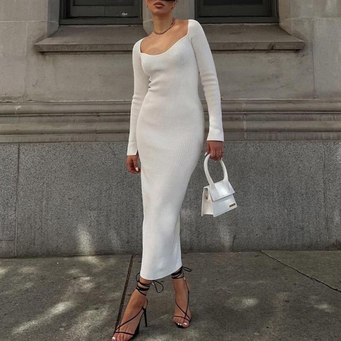 2022 Knitted Green Midi Sexy Bodycon Women Dress Spring Long Sleeve Off Shoulder Split Sweater Dresses
