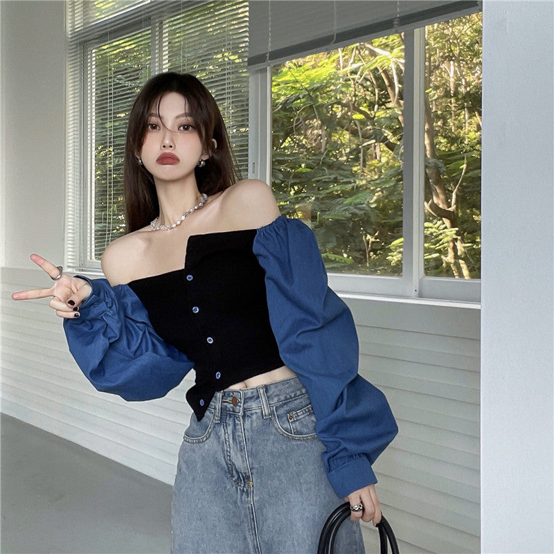 Patchwork Denim Shirts Women French Square Collar Puff Blouses Long Sleeve Crop Tops