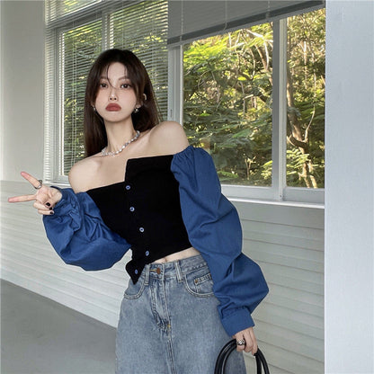 Patchwork Denim Shirts Women French Square Collar Puff Blouses Long Sleeve Crop Tops