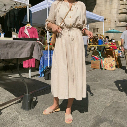 Long Shirt Dress Women Cotton Round Collar Slim Waist Drawstring Solid Color Sundress