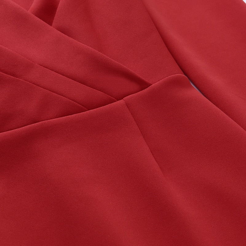 Slim V Neck Long Sleeve Mid Calf Pencil Dress 2022 Casual Office Lady Solid Red Puff Sleeve