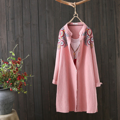 Women White Shirt 100% Cotton Embroidery Long Sleeve Button Up Blouse Loose Office Top