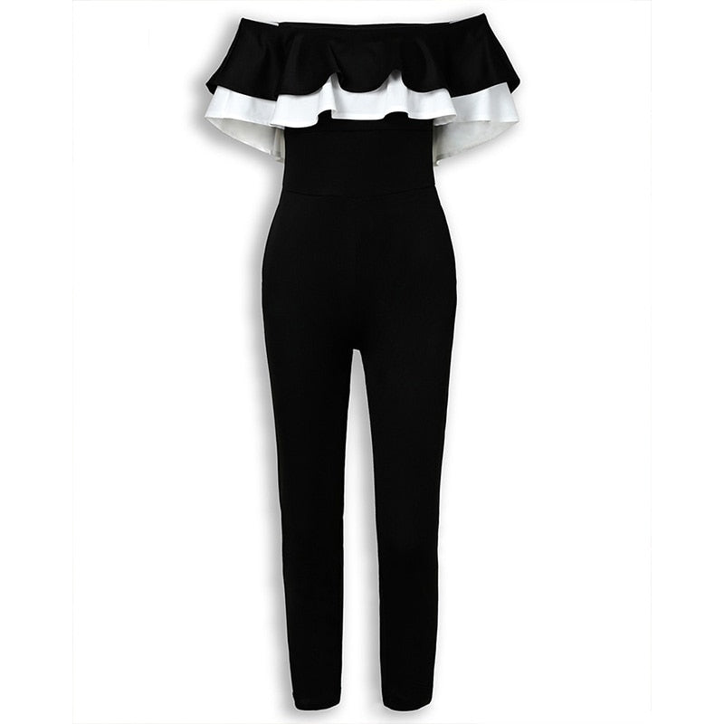 Women Off Shoulder Colorblock Ruffles Bodycon Skinny Streetwear Slim Fit Black Jumpsuits