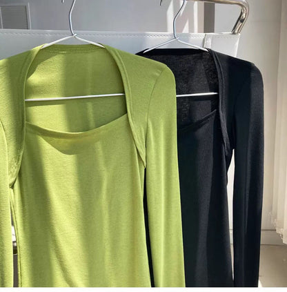 Long Sleeve Tops Women Candy Color Fake Two Piece Skinny T-shirts Female
