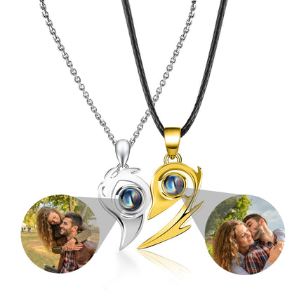 Flame Heart Shaped Custom Photo Projection Couples Necklaces