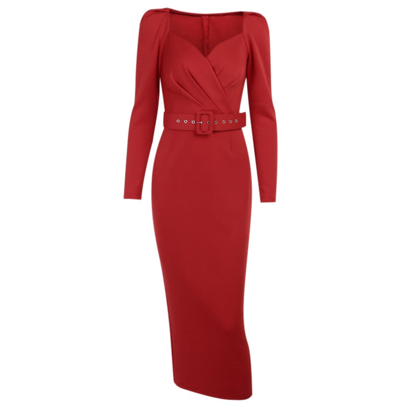 Slim V Neck Long Sleeve Mid Calf Pencil Dress 2022 Casual Office Lady Solid Red Puff Sleeve