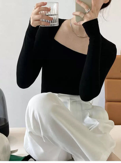 Long Sleeve Tops Women Candy Color Fake Two Piece Skinny T-shirts Female