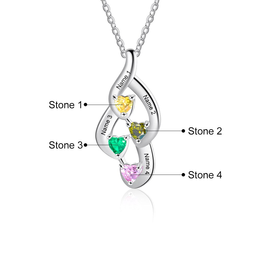 925 Sterling Silver Mother Necklace with 4 Custom Birthstones Name Heart Necklaces