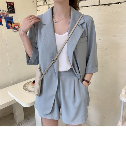 Blazer Set Women Korean Fashion Thin Jackets Casual Loose Shorts Two Piece Suits Female
