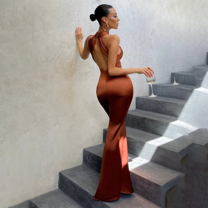 Solid Satin Halter Sleeveless Slim Bodycon Maxi Dress