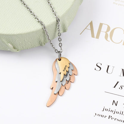 Wings Necklace with 3 Names Mixed Steel &amp; Rose Gold &amp; Gold Color Custom Family Necklace