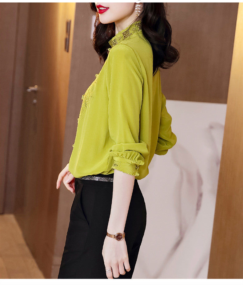 Embroidery Hollow Blouse Women Long Sleeve Imitation Silk Top Loose Vintage Shirt Plus Size