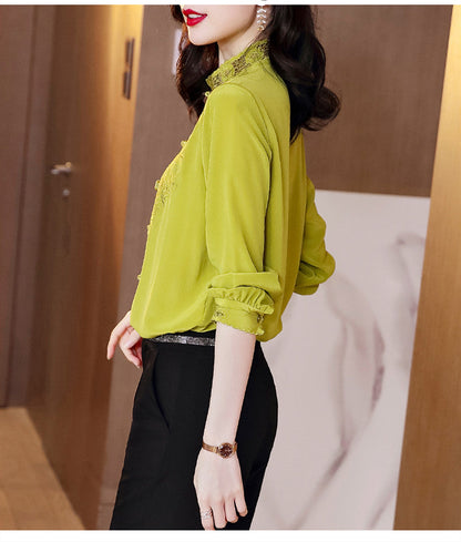 Embroidery Hollow Blouse Women Long Sleeve Imitation Silk Top Loose Vintage Shirt Plus Size
