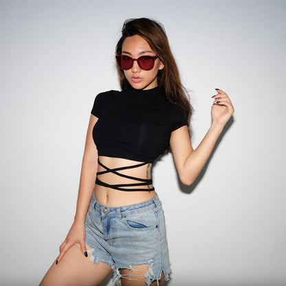 Summer Women Black Short T-Shirts Sexy Crop Tops Short Sleeve Bandage Tee Tops Female Shirts