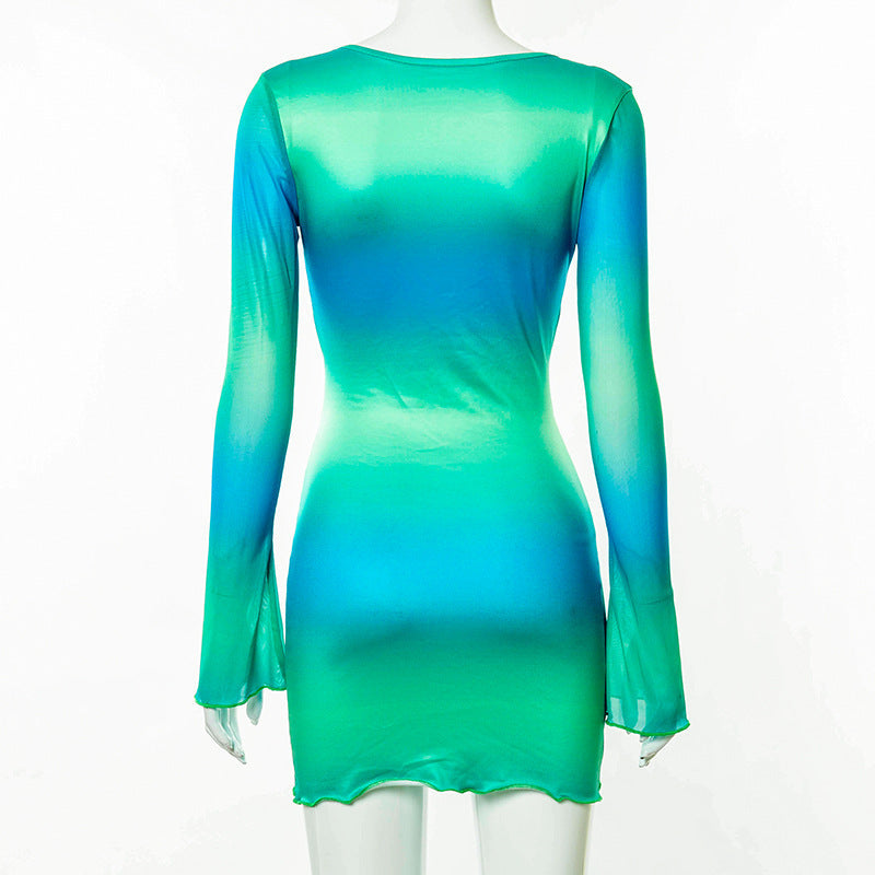 Sexy Tie Dye Bodycon Mini Dress Women Hollow Out Long Sleeve Mesh Skinny Summer 2022