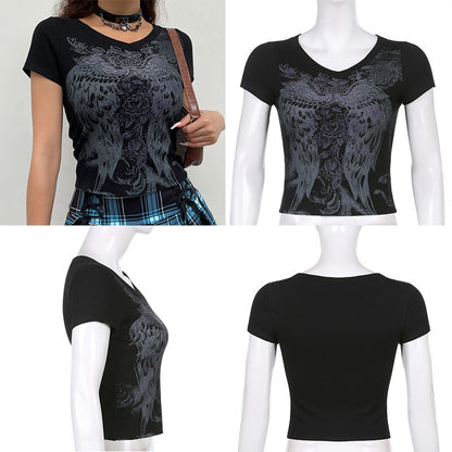 Grunge Tshirts Fairycore Harajuku Graphic Print Gray Cute Casual Tshirts Streetwear Tops