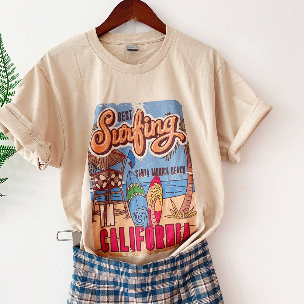 1pcs WHITE Tees Summer Casual Oversized Tee Best Surfing Santa Monica California Womens Retro Style