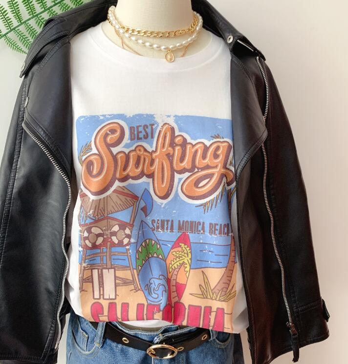 1pcs WHITE Tees Summer Casual Oversized Tee Best Surfing Santa Monica California Womens Retro Style