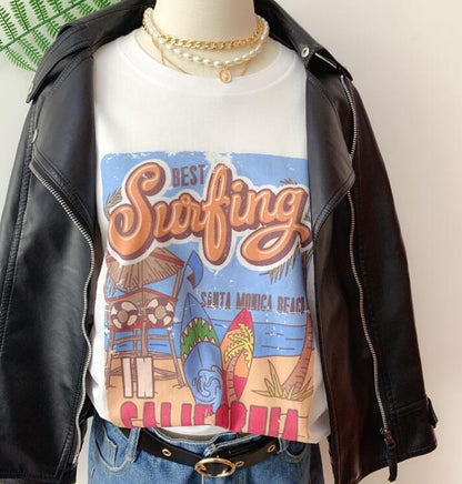 1pcs WHITE Tees Summer Casual Oversized Tee Best Surfing Santa Monica California Womens Retro Style