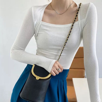 Long Sleeve Tops Women Candy Color Fake Two Piece Skinny T-shirts Female