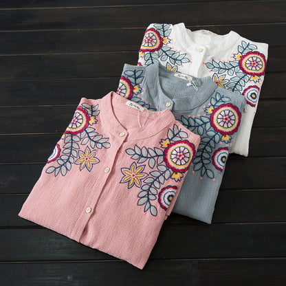 Women White Shirt 100% Cotton Embroidery Long Sleeve Button Up Blouse Loose Office Top