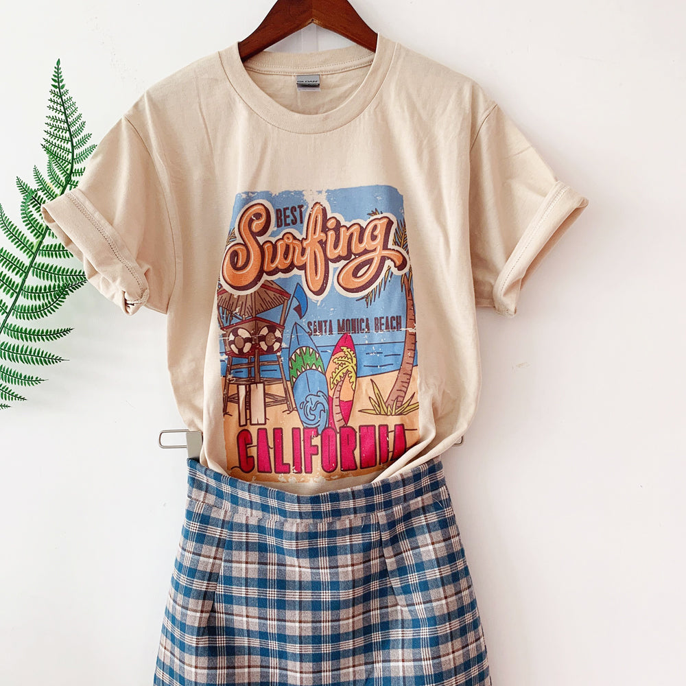 1pcs WHITE Tees Summer Casual Oversized Tee Best Surfing Santa Monica California Womens Retro Style