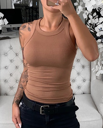 Women Solid Round Neck Ribbed Tank Top Camisole Women Summer Basic Elastic Tank Top