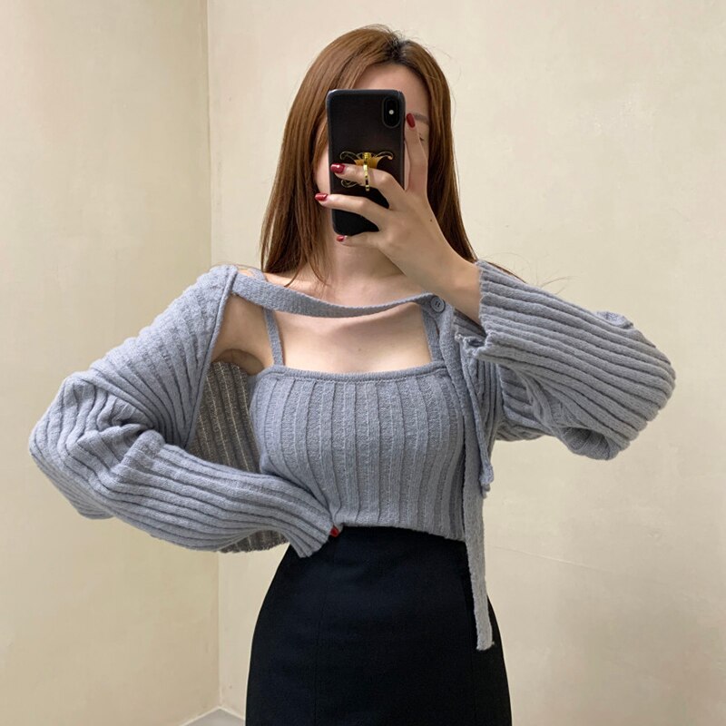 Camisole Knitted Cardigans Women Two Piece Sets 2021 Autumn Sweater Jacket Woman