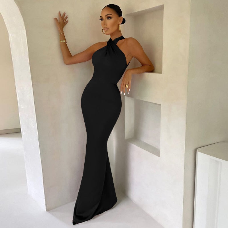 Solid Satin Halter Sleeveless Slim Bodycon Maxi Dress