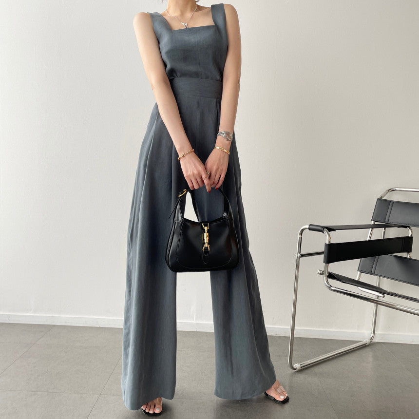 Office Ladies 2-Piece Women Square Neck Loose Vest Top + High Waist Pleated Wide Leg Pants