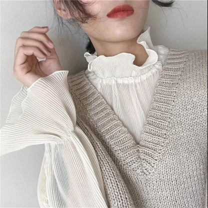 Chiffon Shirts Retro Elegant Ruffled Collar Lace Bottoming Shirt Women Lantern Sleeve Tops