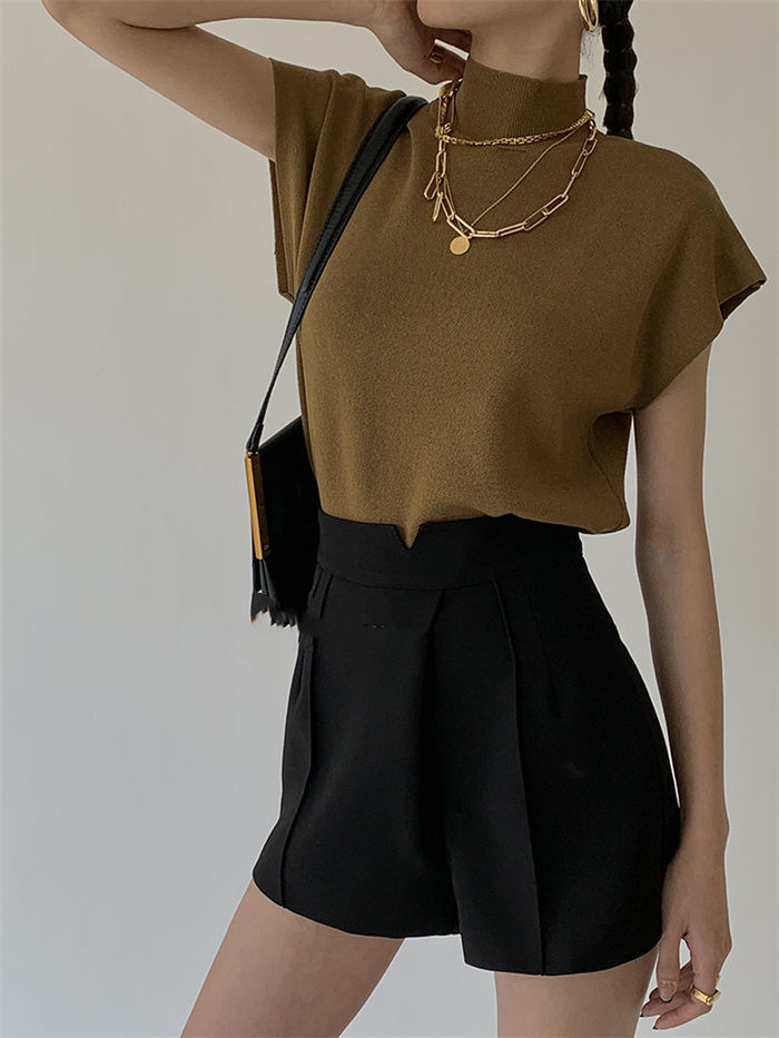 French Turtleneck Knitted Women Spring Summer Design Loose Short Sleeve Cropped Tops Female
