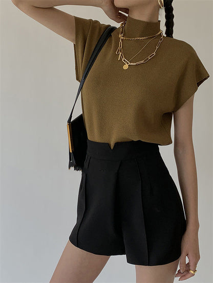 French Turtleneck Knitted Women Spring Summer Design Loose Short Sleeve Cropped Tops Female