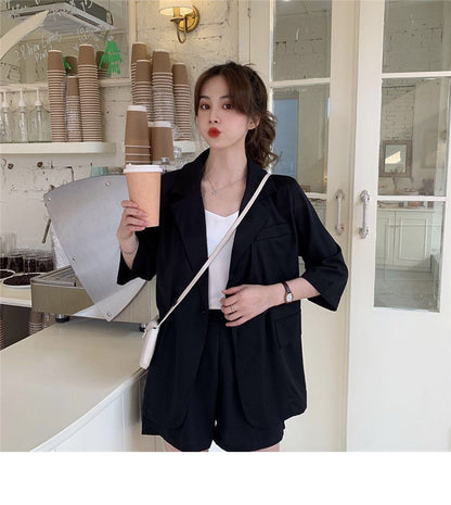Blazer Set Women Korean Fashion Thin Jackets Casual Loose Shorts Two Piece Suits Female