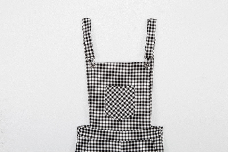 Women Straps Jumpsuits Ladies Summer Plaids Checked Playsuits Backless Outfits White&amp;Black