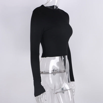 O Neck Long Sleeve Shirt Women Ribbed Sexy Cropped Tops Casual Skinny T Shirts White