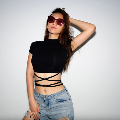 Summer Women Black Short T-Shirts Sexy Crop Tops Short Sleeve Bandage Tee Tops Female Shirts