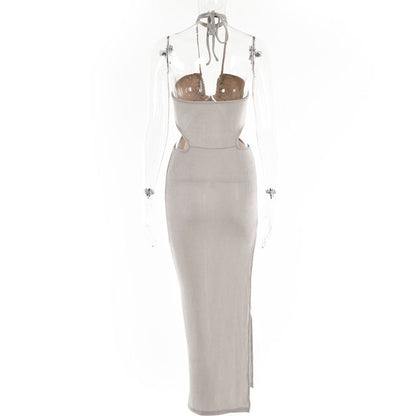Women Halter Cut Out Backless Corset Midi Dress High Waist Split Slim Grunge Vestidos 2022 Summer