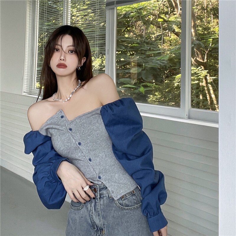 Patchwork Denim Shirts Women French Square Collar Puff Blouses Long Sleeve Crop Tops