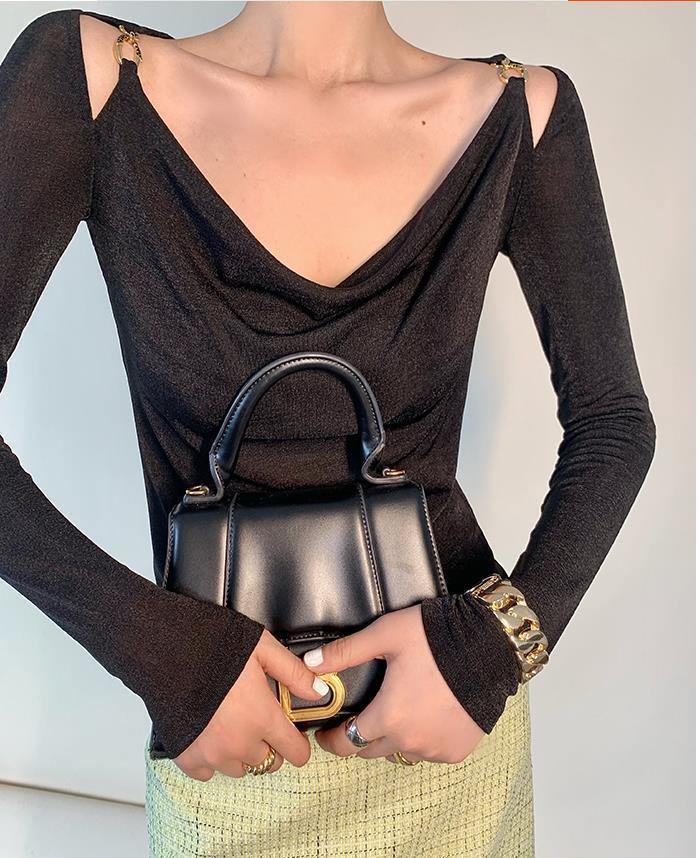 Sexy Swing Collar Cropped Tops Women Autumn  Metal Design Skinny Long Sleeve T-Shirt Outwear