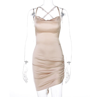 Satin Women Strap Mini Dress Ruched Lace Up Cross Bandage Backless Bodycon Sexy Party Elegant