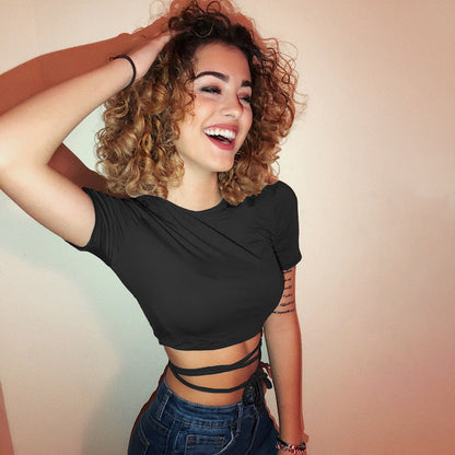 Summer Women Black Short T-Shirts Sexy Crop Tops Short Sleeve Bandage Tee Tops Female Shirts