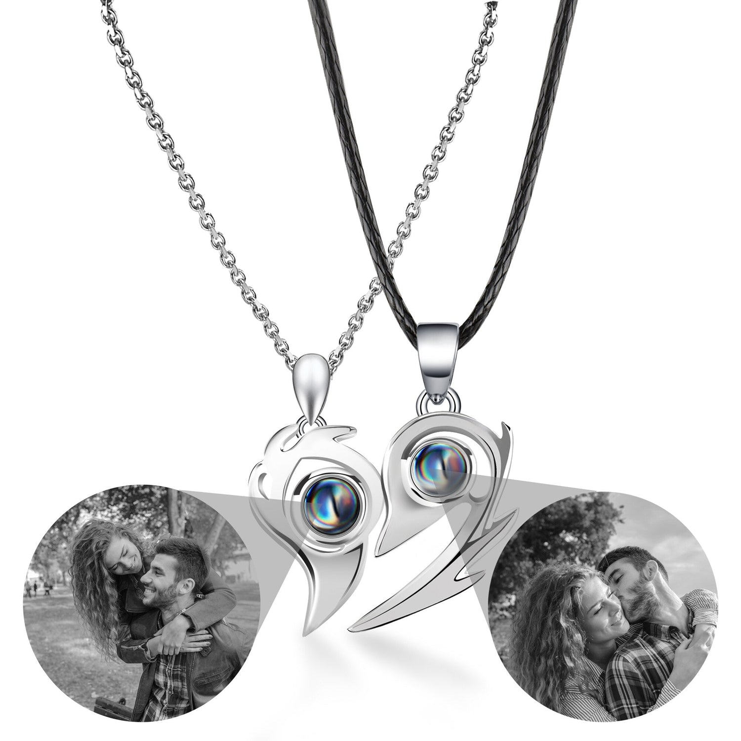 Flame Heart Shaped Custom Photo Projection Couples Necklaces