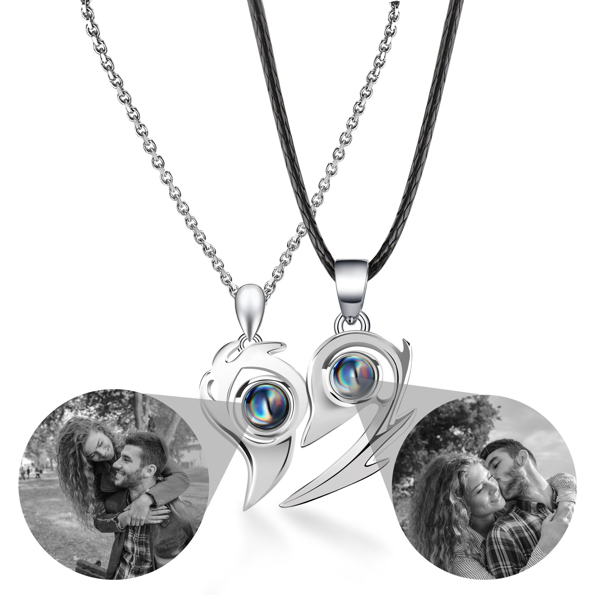 Flame Heart Shaped Custom Photo Projection Couples Necklaces