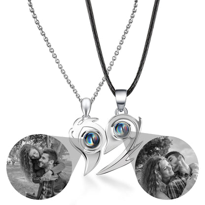 Flame Heart Shaped Custom Photo Projection Couples Necklaces