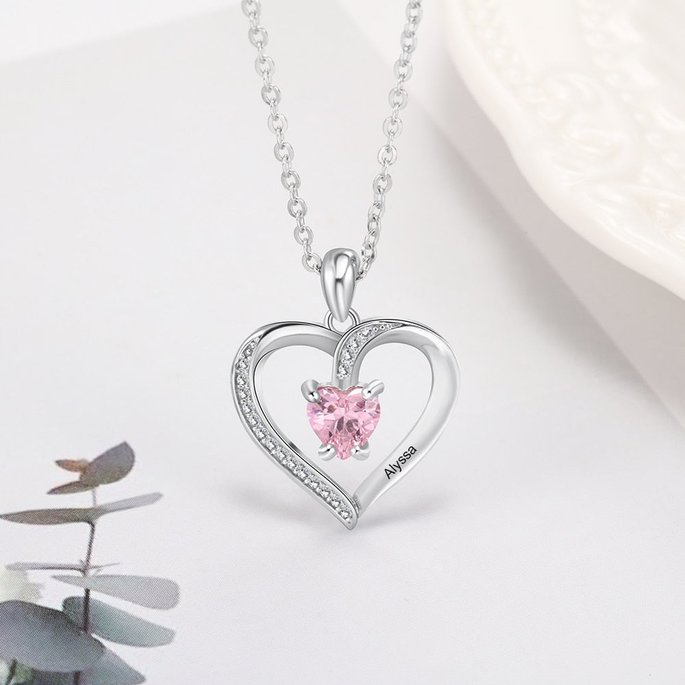 Engrave Name Heart Pendants with Customize Birthstone Necklace