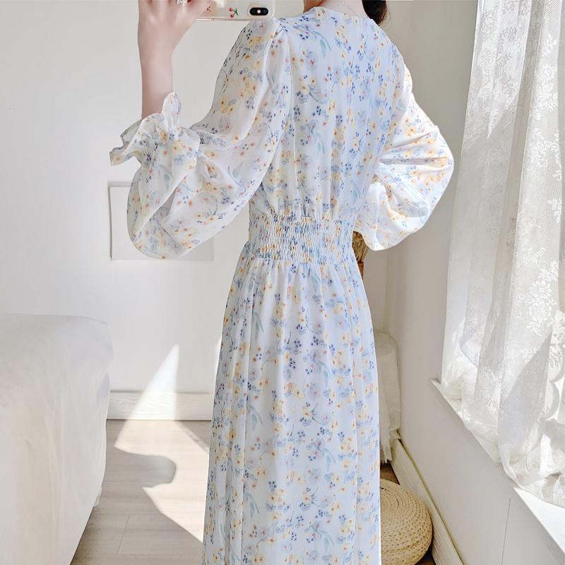 V-neck Chiffon Floral Dress Women Spring Summer Fairy Long Dresses Female