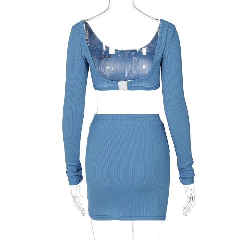 Long Sleeves Solid Navel Low Neck Bodycon Top Sexy Mini Dress Set